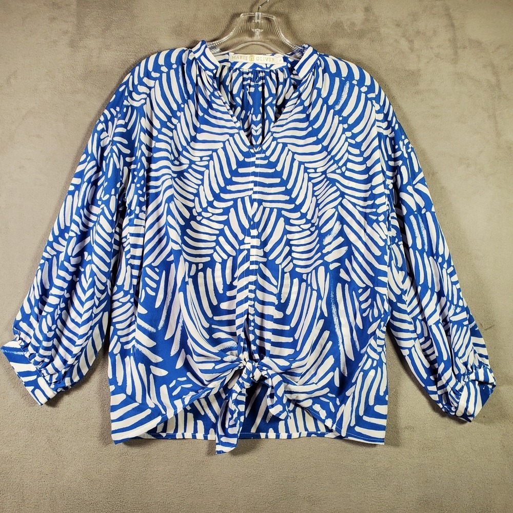 Marie Oliver Top Womens XS Blue White Sillk‎ Tropical Leaf Puff Sleeve Resort